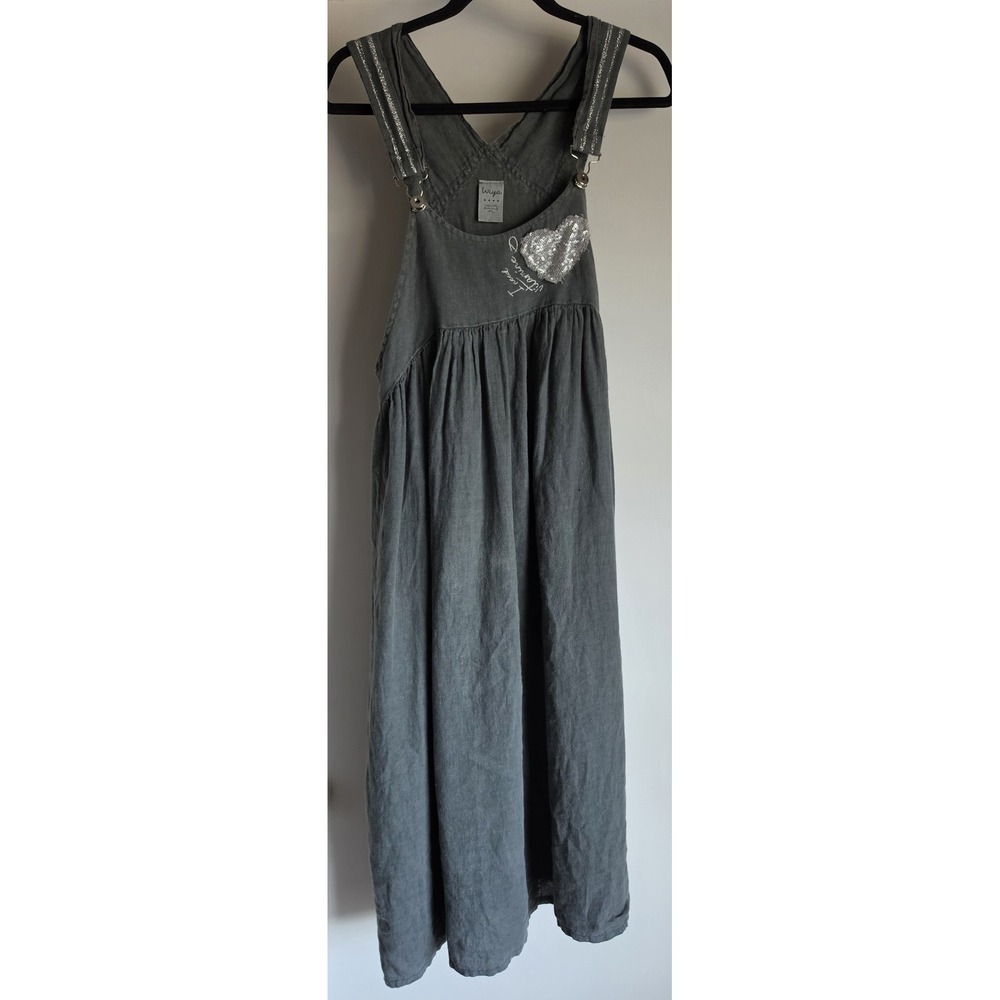 Wiya Linen Overall Midi Dress Grey Sleeveless One-size Silver Heart Boho Italy